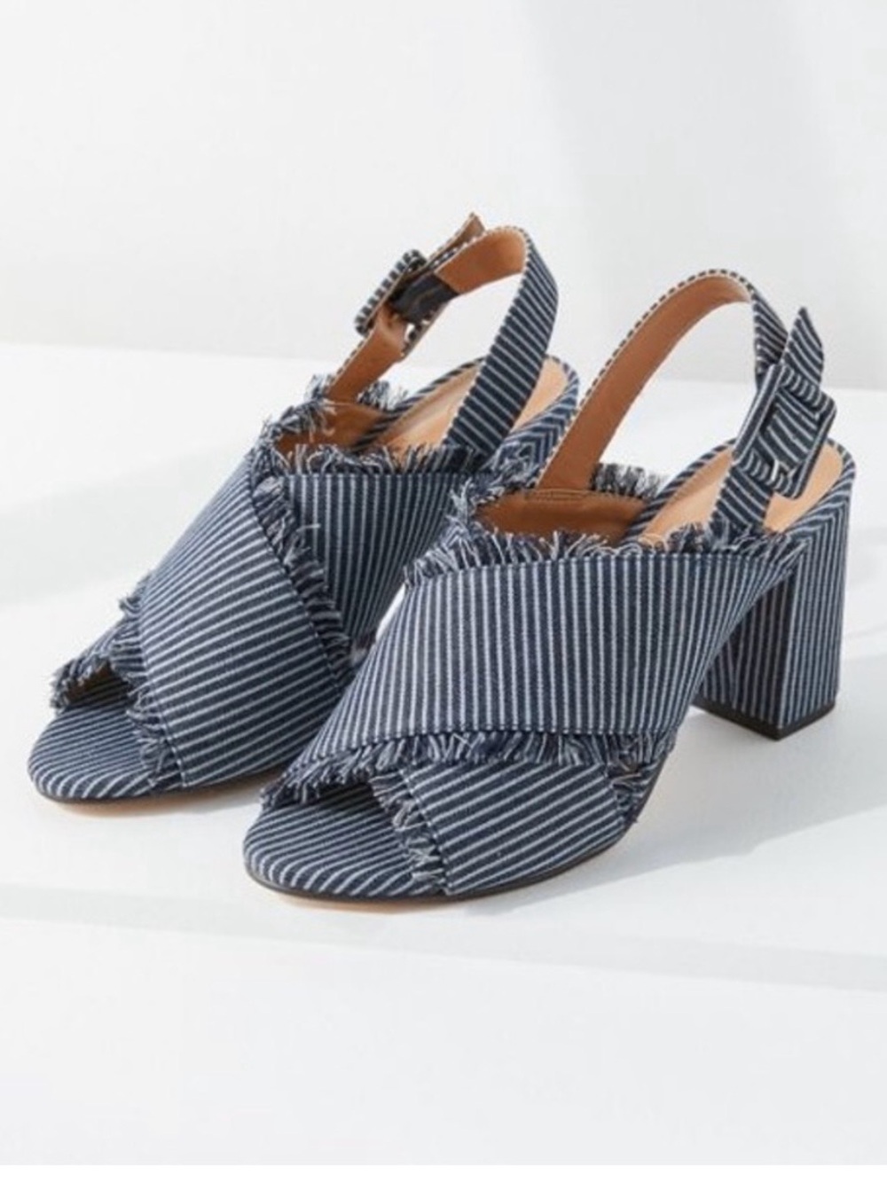 Urban Outfitters Striped Denim Fringe Heel Sandals, Size 9, NWT